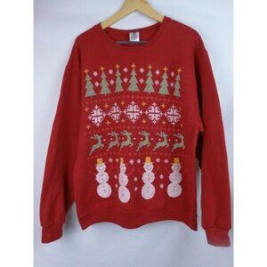 Jerzees Ugly Christmas Sweatshirt Adult Large Red Snowman Reindeer Top